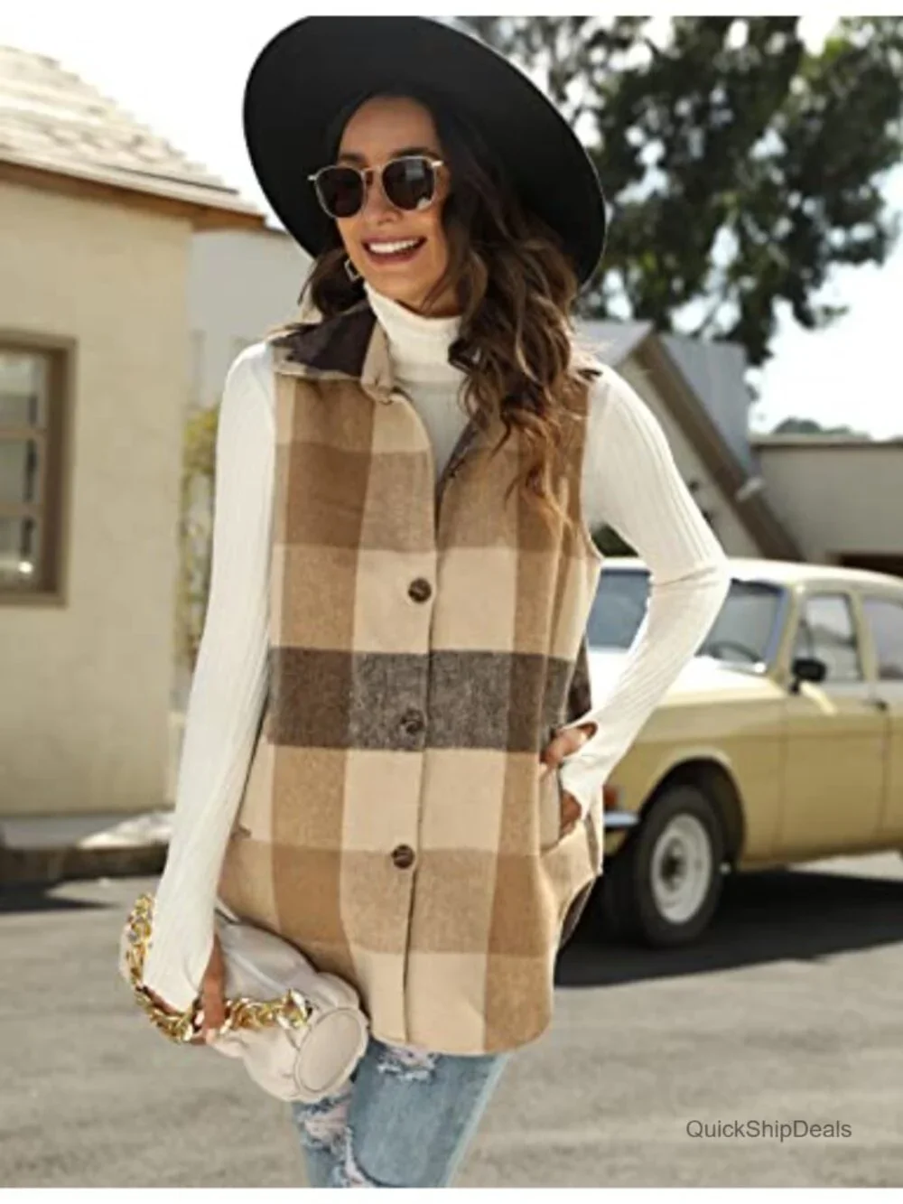 Womens Plaid Vest Sleeveless Brushed Cotton Flannel Shacket Jacket with Pockets